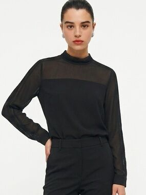 SANDRO PARIS | High Neck Sheer Accent Long Sleeve Black Top Women’s Size 2